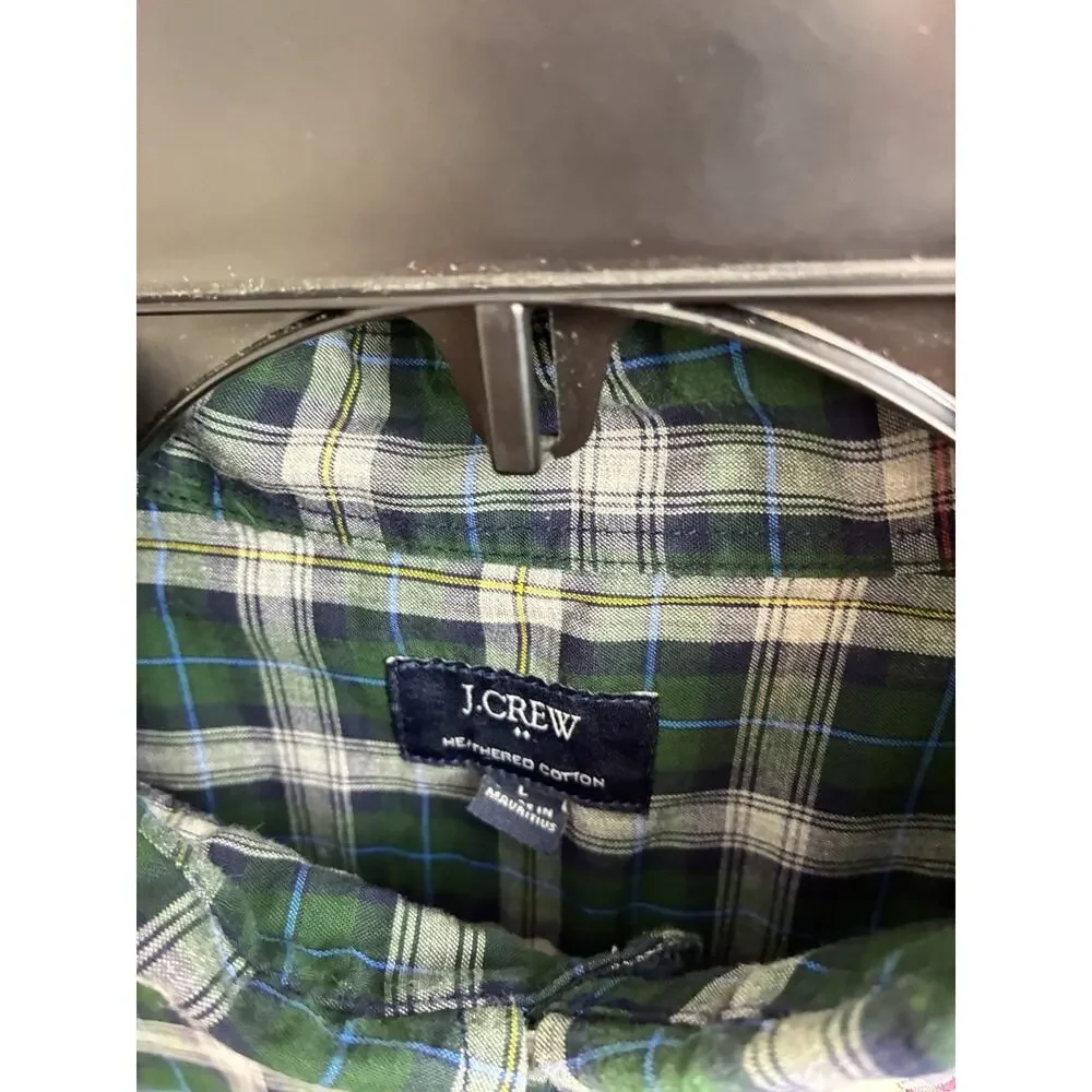 J. CREW Green Plaid Oxford Mens L 100% Heathered Cotton
